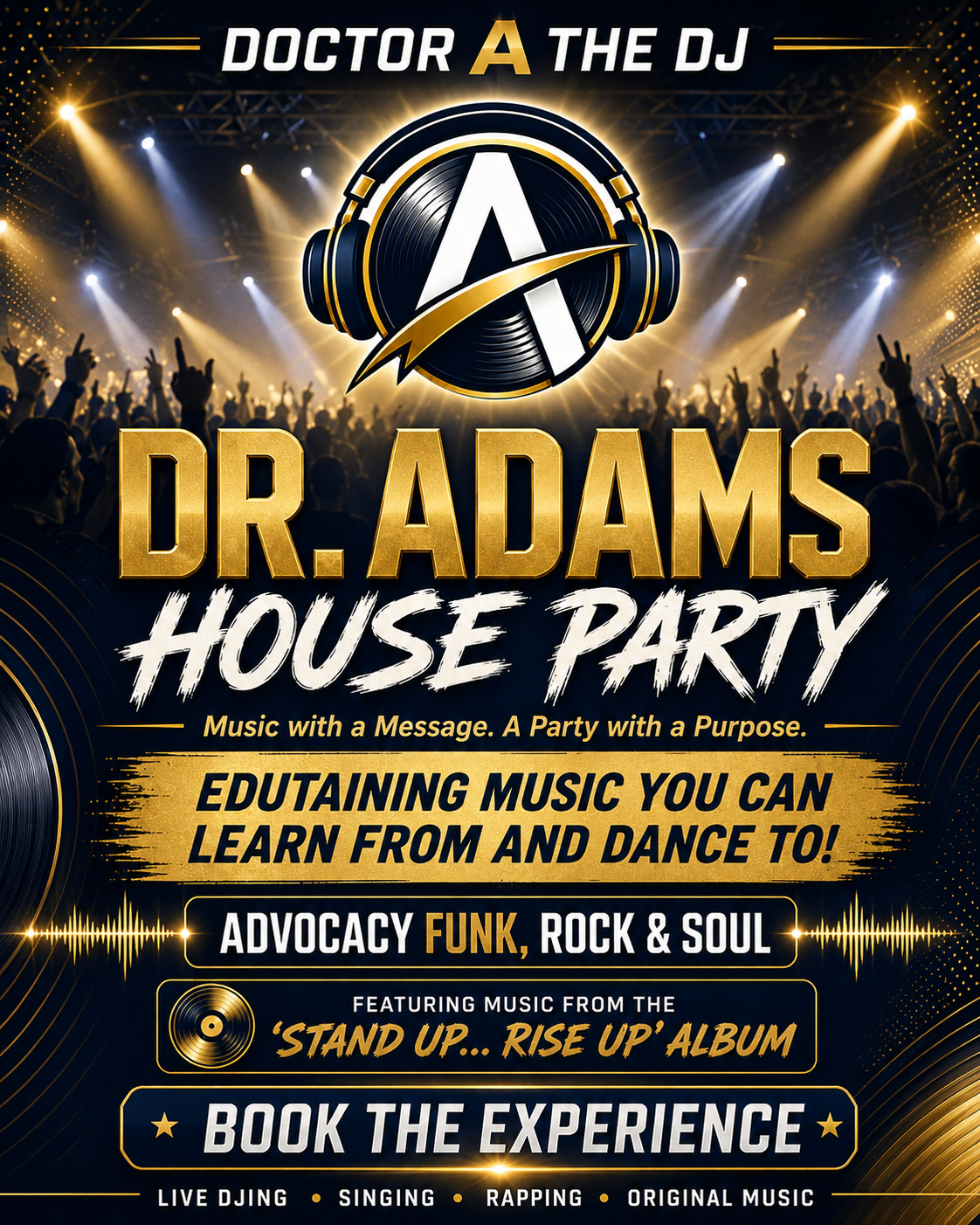 Dr. Adams House Party LIVE event flyer — edutaining music you can learn from and dance to