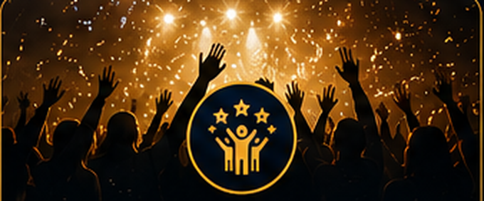 Crowd with raised hands under golden sparkling lights at a staff appreciation celebration