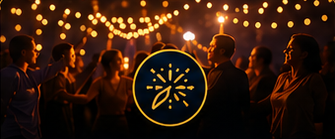 People gathered and smiling under warm string lights at a community celebration