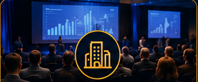 Corporate audience watching data presentation screens in a conference ballroom