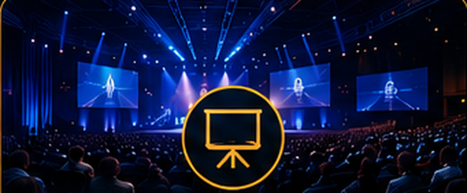 Large conference hall with stage screens and a full audience