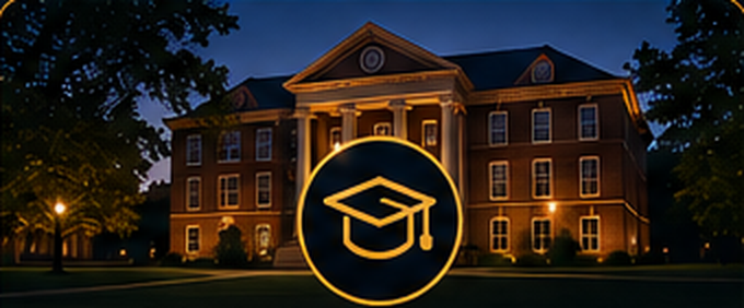 Historic college campus building lit warmly at dusk