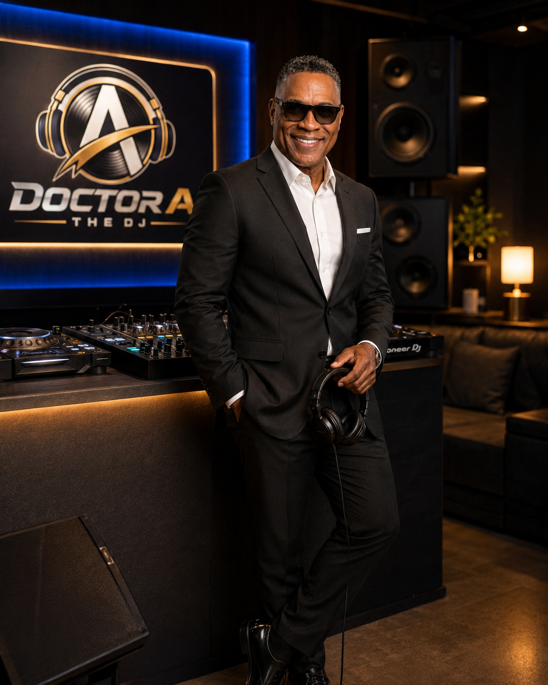 Dr. Darryl S. Adams in formal black suit with headphones next to professional DJ equipment