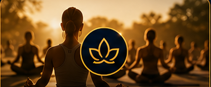 Group seated in meditation at an outdoor wellness event at sunrise