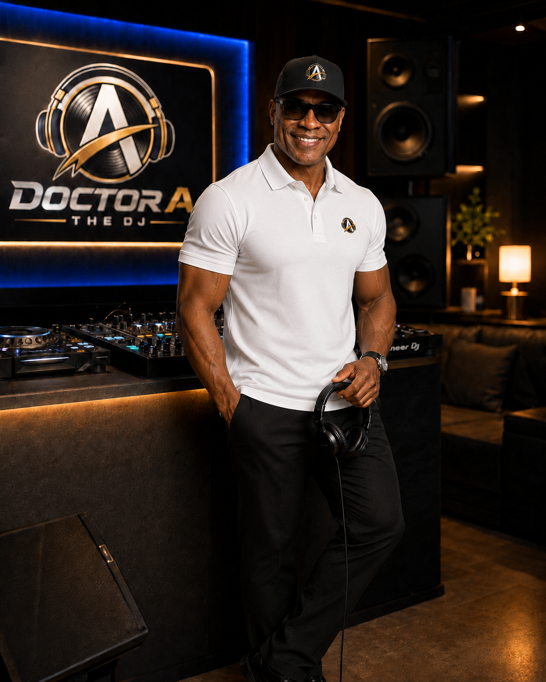 Dr. A The DJ in a white branded polo and cap standing at his professional DJ booth