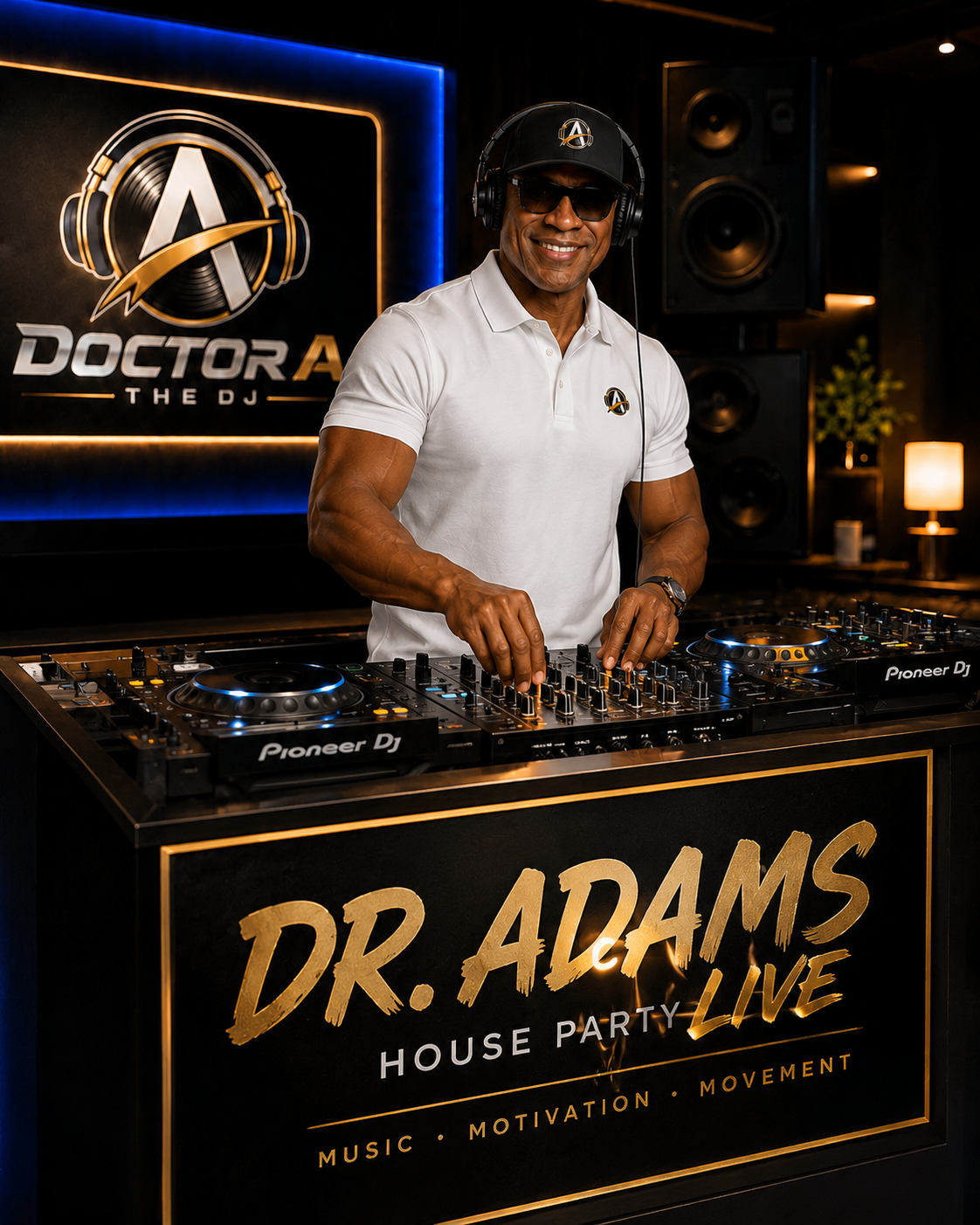 Dr. A The DJ mixing on Pioneer DJ decks behind a Dr. Adams House Party LIVE booth front